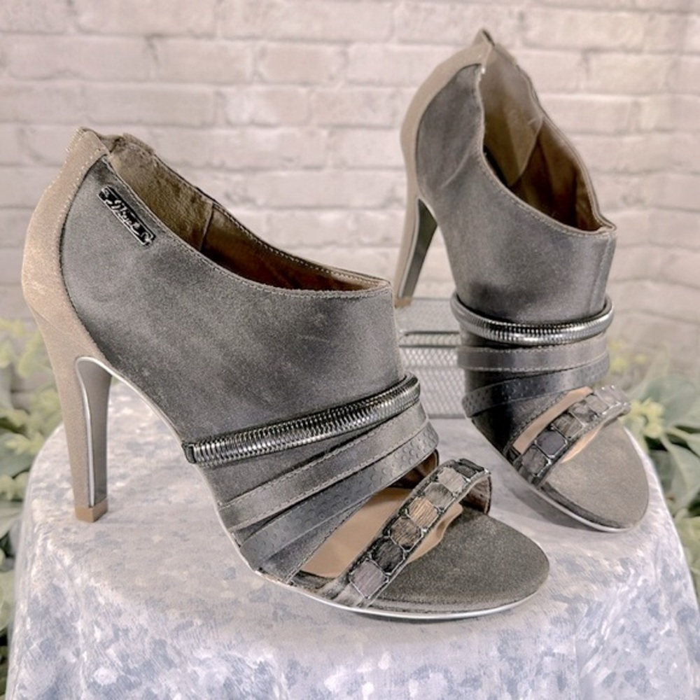 Diesel Palma Fossil Taupe Pewter Open Toe Suede/Satin Bootie Heels WMS 7M✨EUC✨